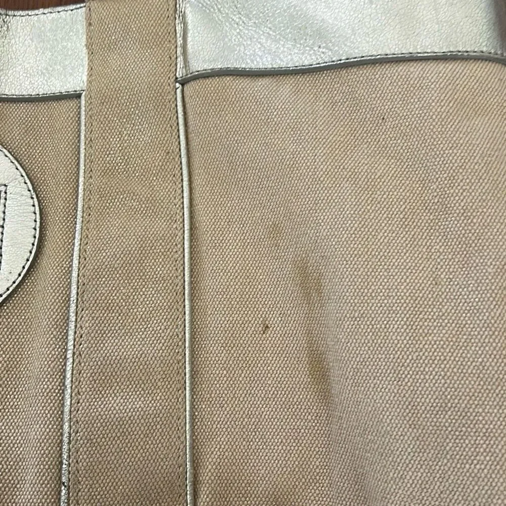 Tory Burch canvas and silver leather large tote bag